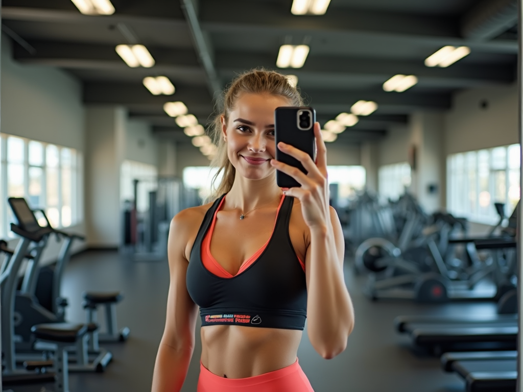 Spor salonunda aynada selfie çeken, spor kıyafeti ve makyajıyla sporcu bir kız, arka planda spor aletleri.