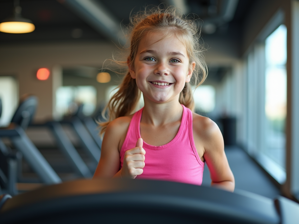 Spor salonunda genç bir kız, koşu bandında terlerken odaklanmış görünüyor.