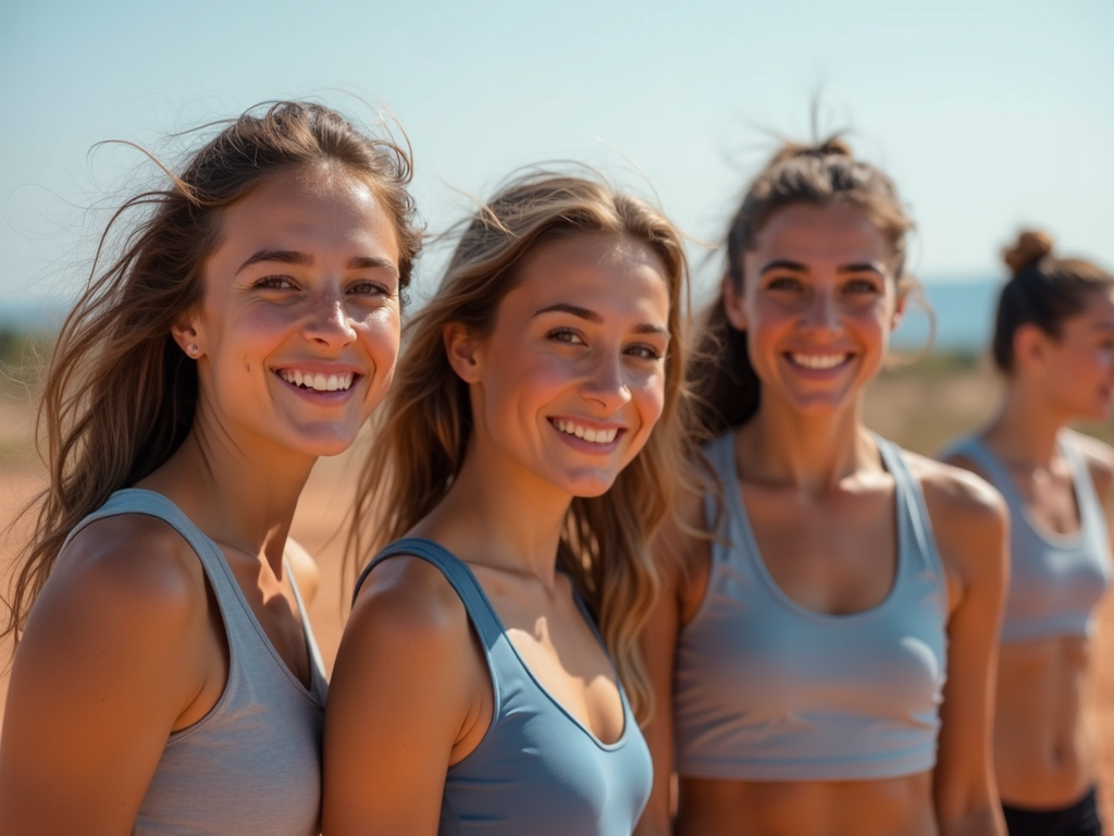 Çanakkale'de spor yapan bir grup kız, gülümseyen ve canlı görünen, doğal güzelliklerini vurgulayan minimal makyajla.