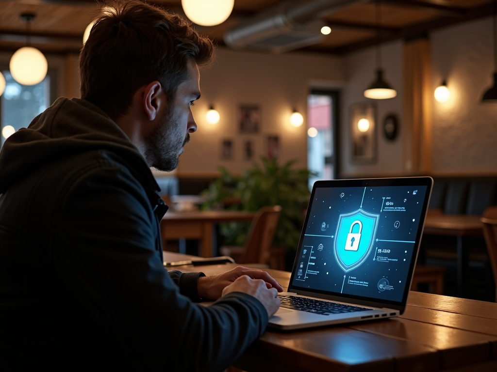 Bir kafede laptop kullanan gezgin, ekranda VPN güvenli bağlantı simgesi parlıyor.