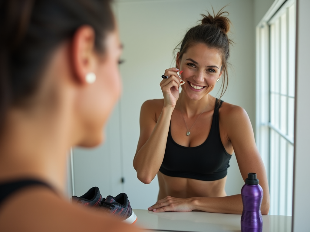Spor öncesi makyaj yapan bir kadın