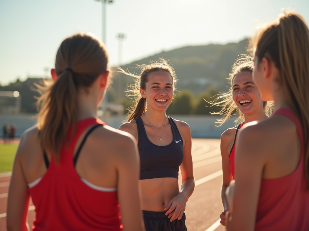 Çanakkale’den genç kız sporcular, açık havada atletizm pistinde antrenman yaparken gülüyor ve birbirlerini teşvik ediyor.