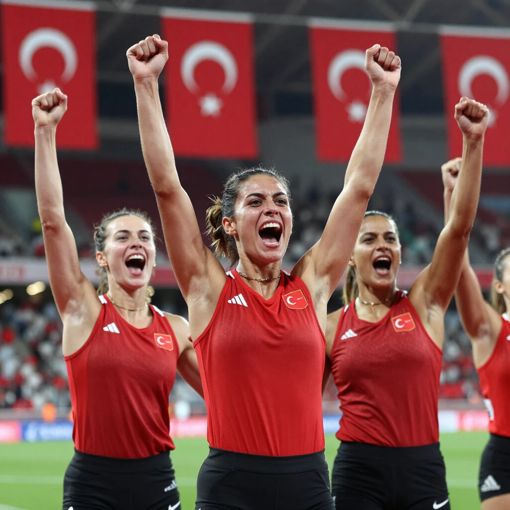 Stadyumda zafer kutlayan kadın sporcular, arka planda Türk bayrakları