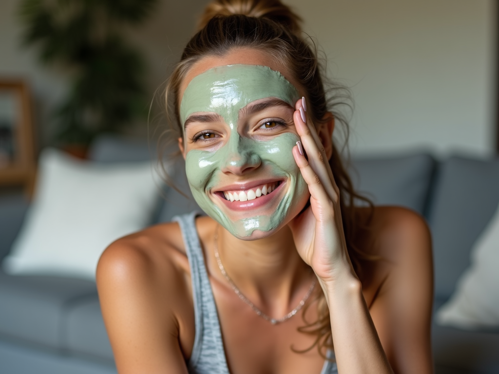 Spor sonrası nemlendirici maske uygulayan güler yüzlü sporcu kız.