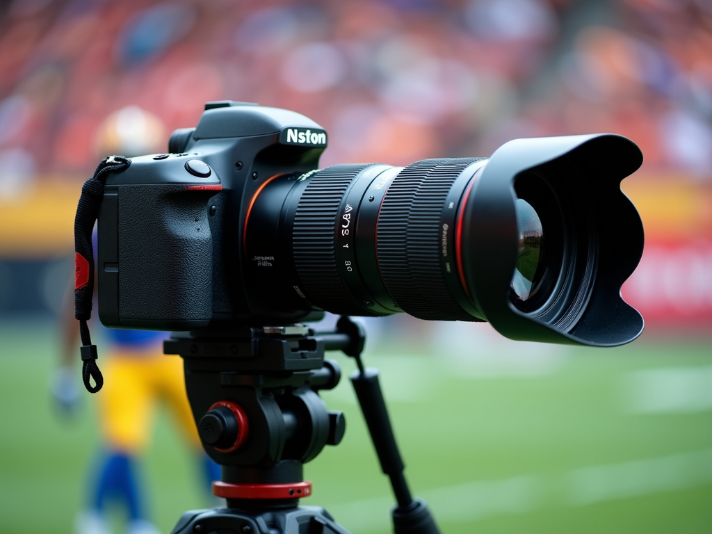 Spor fotoğrafçılığında kullanılan profesyonel DSLR kamera ve telefoto lens.