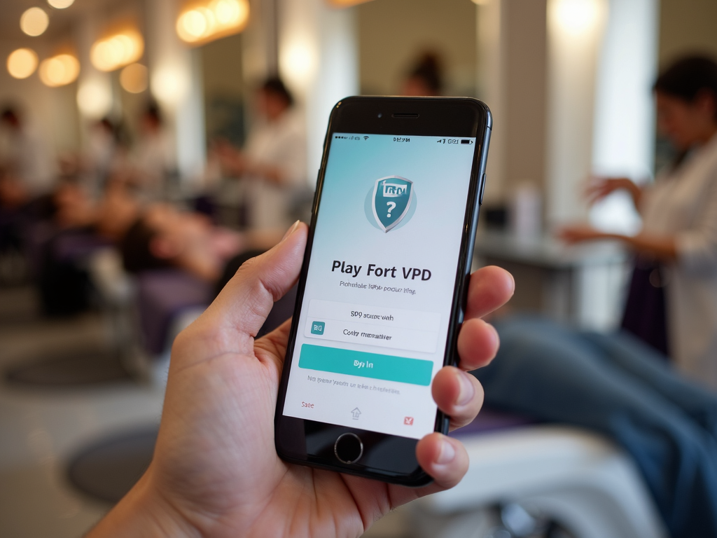 VPN uygulamasının arayüzünü gösteren bir akıllı telefon ekranı, arka planda güzellik salonunda müşterilerin bakım aldığı bir sahne.