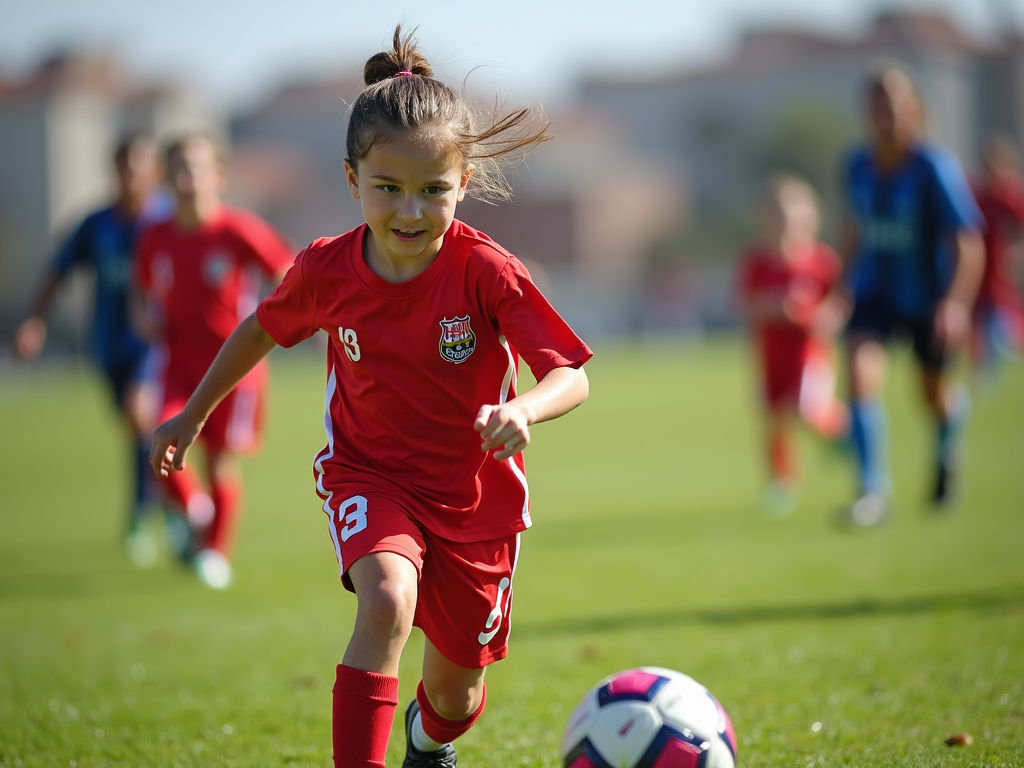Çanakkale’de futbol oynayan kararlı bir genç kız, etrafında destekleyici takım arkadaşları ve antrenörler.