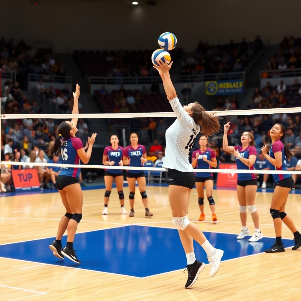 Kadın voleybol oyuncularının maç sırasında topa smaç vurduğu ve takım arkadaşlarının desteklediği enerjik bir sahne.