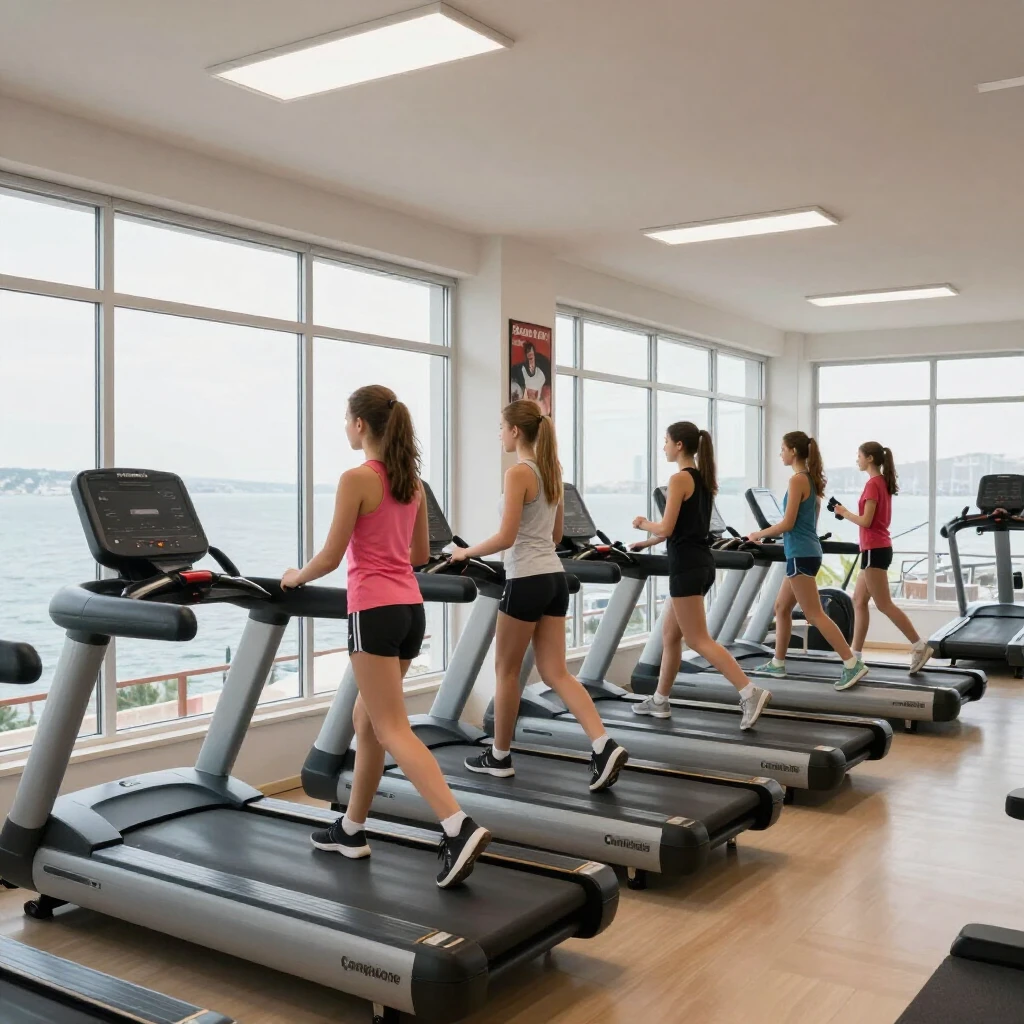 Çanakkale'deki modern spor salonunda egzersiz yapan genç kızlar