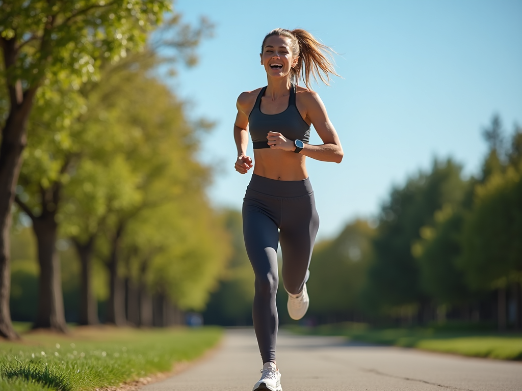 Parkta koşan şık spor giyimli kadın
