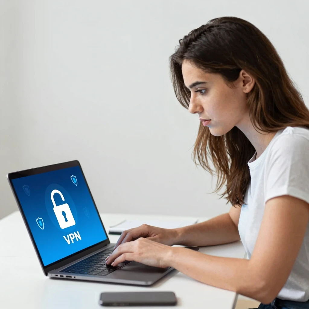 Genç kadın laptopta VPN kullanarak güvenli internete bağlanıyor