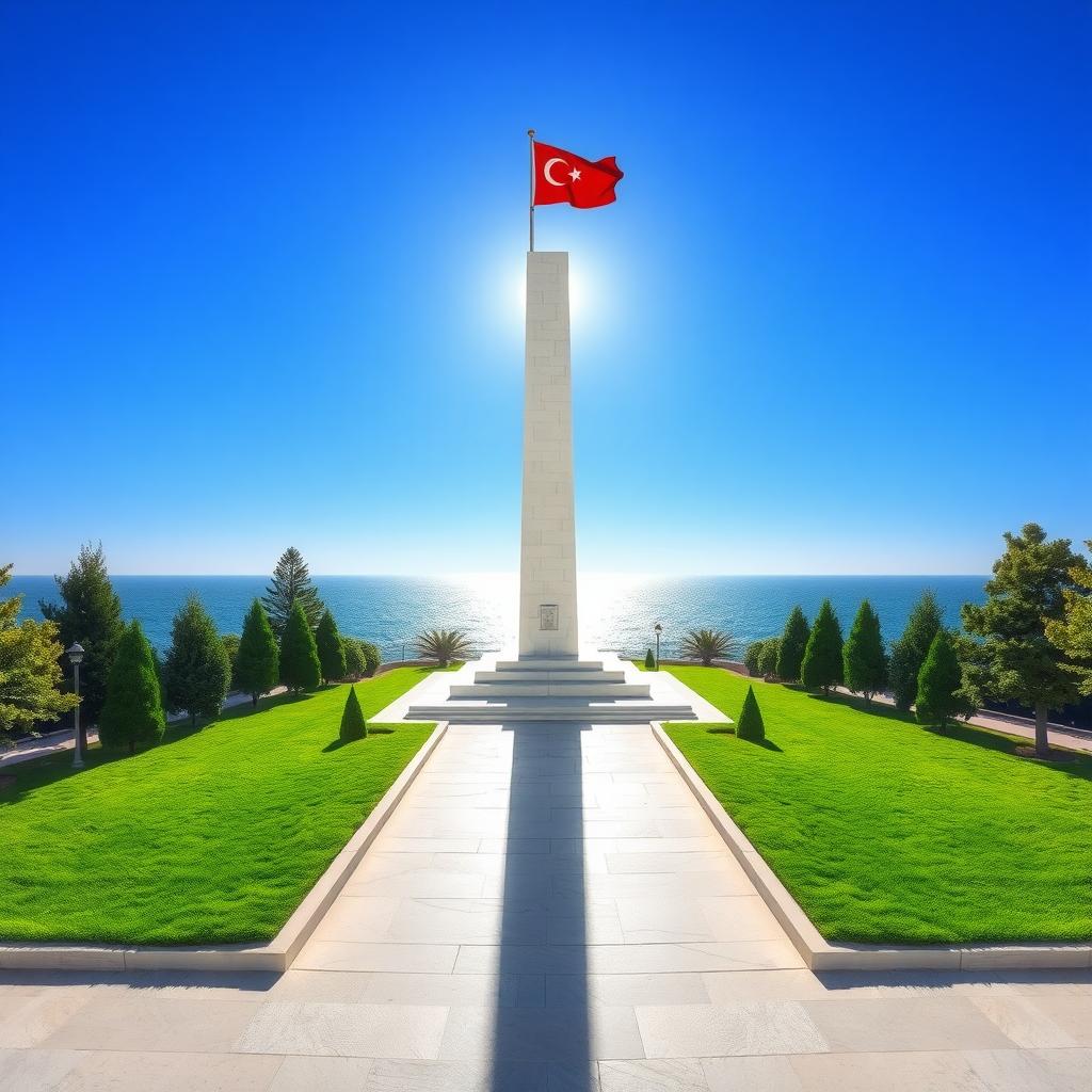 Çanakkale Şehitler Abidesi, mavi gökyüzü altında beyaz taşlarıyla parlıyor. Çevresinde yemyeşil çimler ve dalgalanan Türk bayrağı, arka planda Çanakkale Boğazı’nın ışıltısı görülüyor.