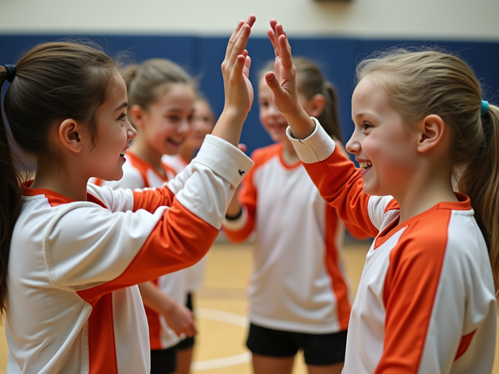 Voleybol kıyafeti giymiş genç kızlar, bir puanı kutlarken yüksek beşler ve gülümsemelerle.