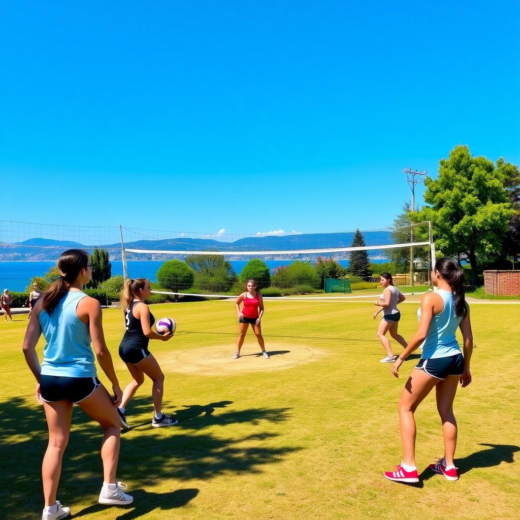 Çanakkale’de bir açık hava spor sahasında genç kadınların voleybol oynadığı canlı bir sahne.