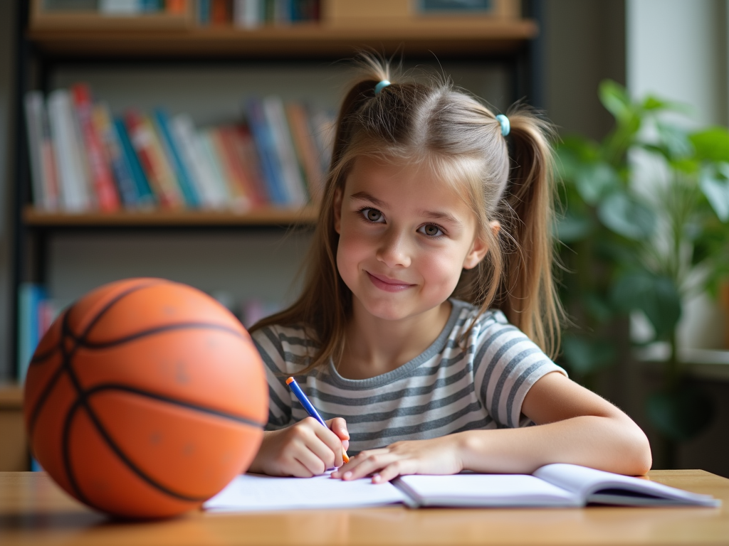 Ders çalışırken yanında basketbol topu olan bir kız