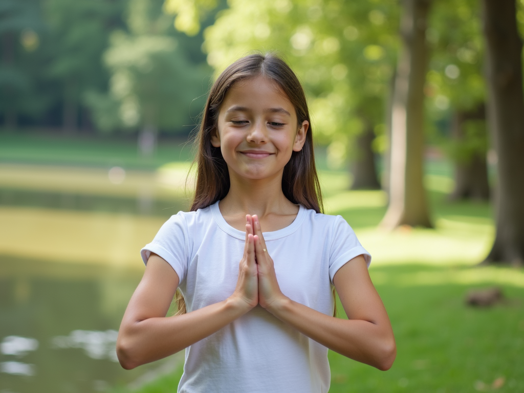 Huzurlu bir parkta yoga yapan genç bir kız, zihinsel dinginlik ve rahatlama.