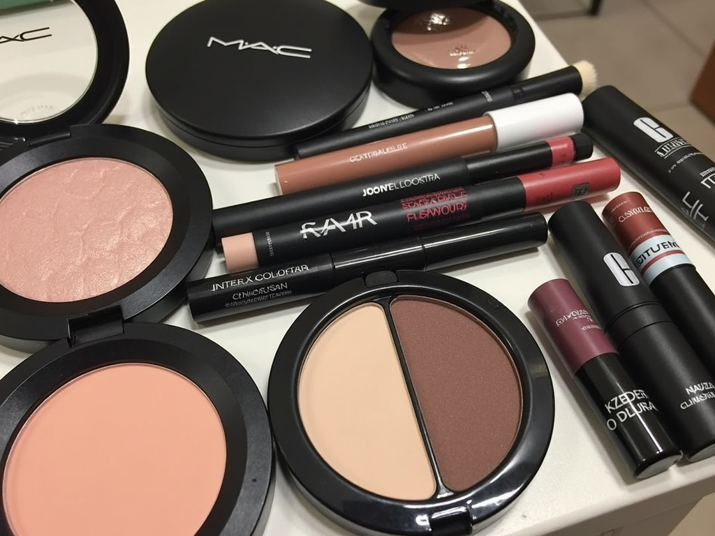 MAC ve Clinique gibi popüler markaların spor makyaj ürünleri, bir masada düzgün bir şekilde sergileniyor.