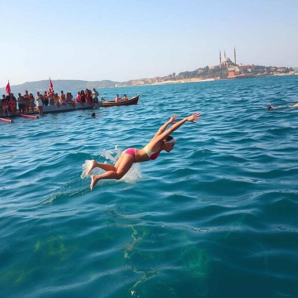 Çanakkale Boğazı’nın berrak sularına dalan bir kadın yüzücü, kıyıda tezahürat yapan kalabalıkla birlikte.