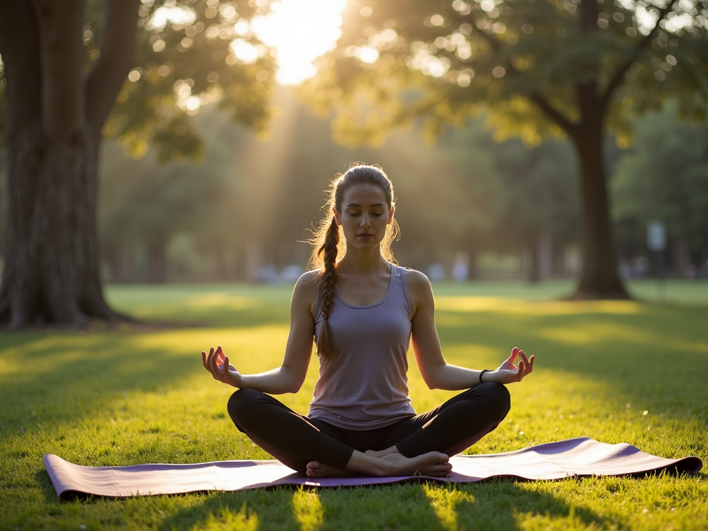 Çanakkale'de huzurlu bir parkta yoga matında meditasyon yapan bir kadın