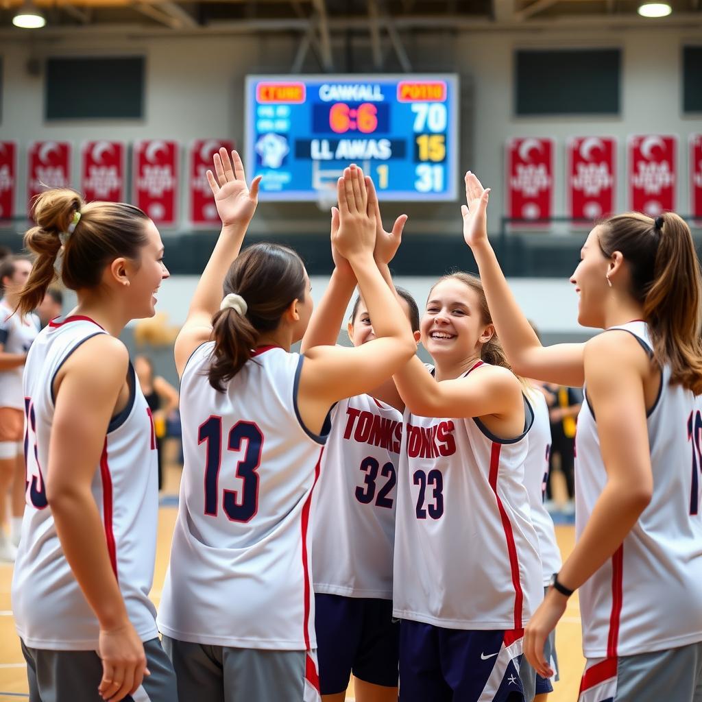 Çanakkale’de bir spor salonunda basketbol maçı kazanan genç kızlar, sevinçle birbirine sarılıp zaferi kutluyor.