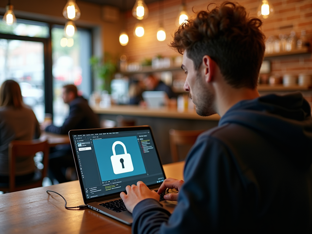 Bir kişi, rahat bir kahve dükkanında laptop kullanıyor, ekranda VPN arayüzü görünüyor ve halka açık alanda güvenli internet kullanımını simgeliyor.