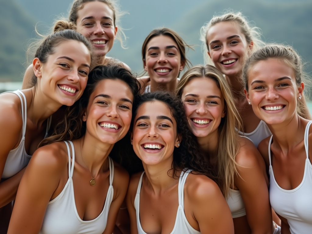Maç sonrası hafif makyajlı ve gülümseyen bir grup sporcu kız