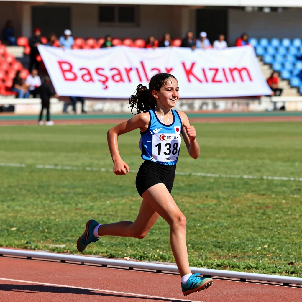 İstanbul'da pist yarışında koşan kararlı genç Türk kızı ve tezahürat yapan ailesi