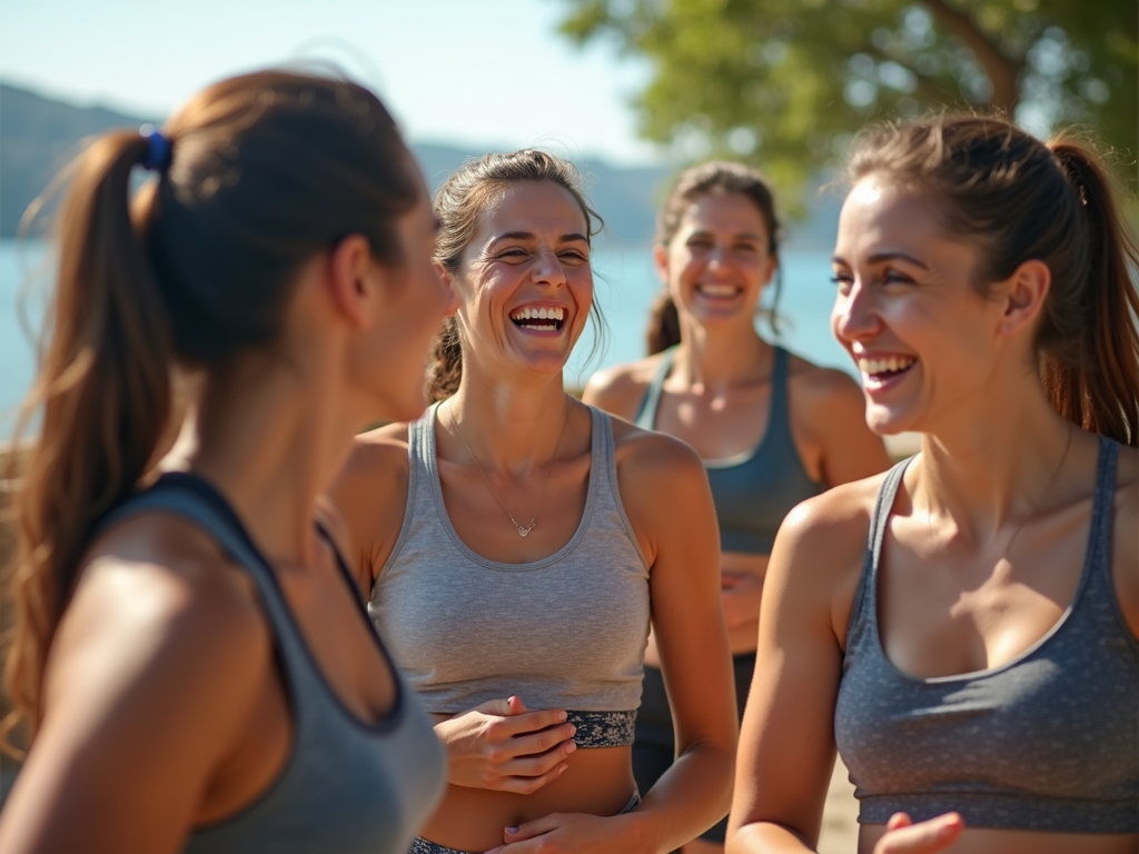 Çanakkale'de spor kıyafetleri giymiş bir grup kadının, spor sonrası keyifli bir anını yakalayan samimi bir fotoğraf, arka planda şehrin yeşil parkları veya boğazın sakin suları ile.
