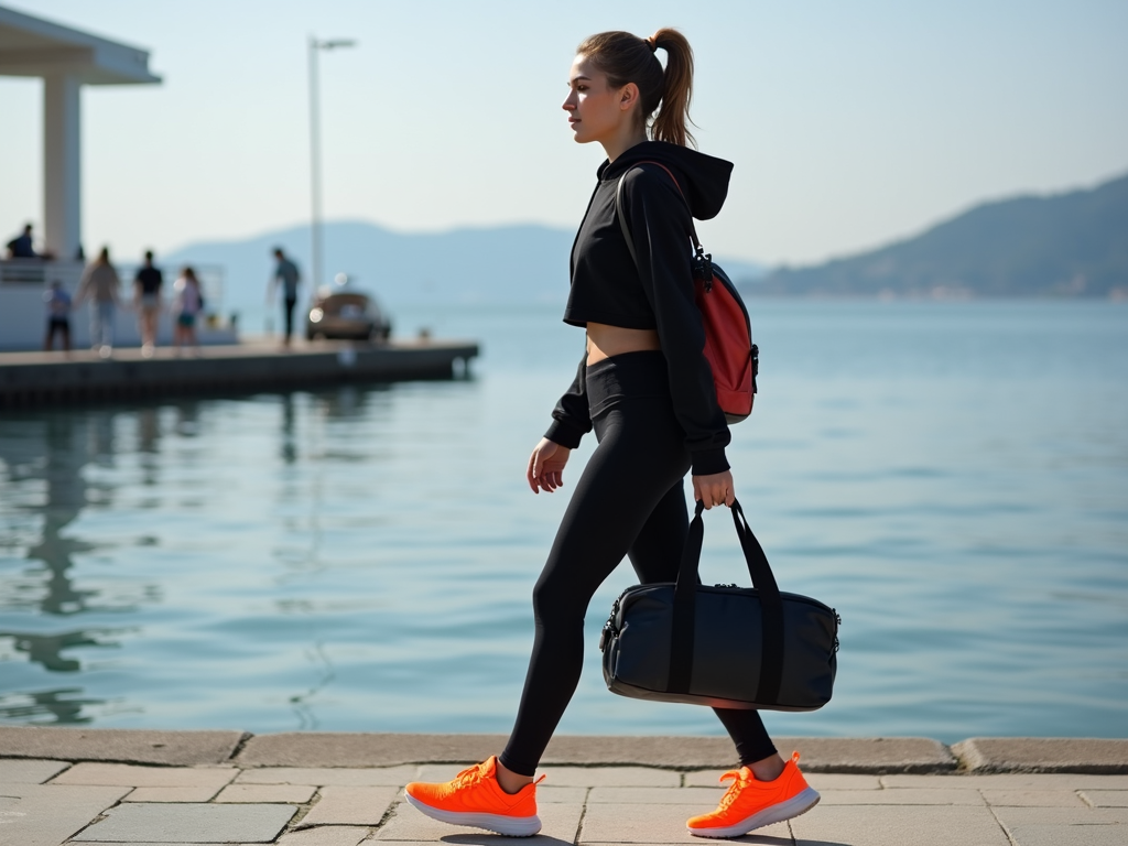 Çanakkale’de sahilde spor kıyafetleriyle yürüyen şık kız