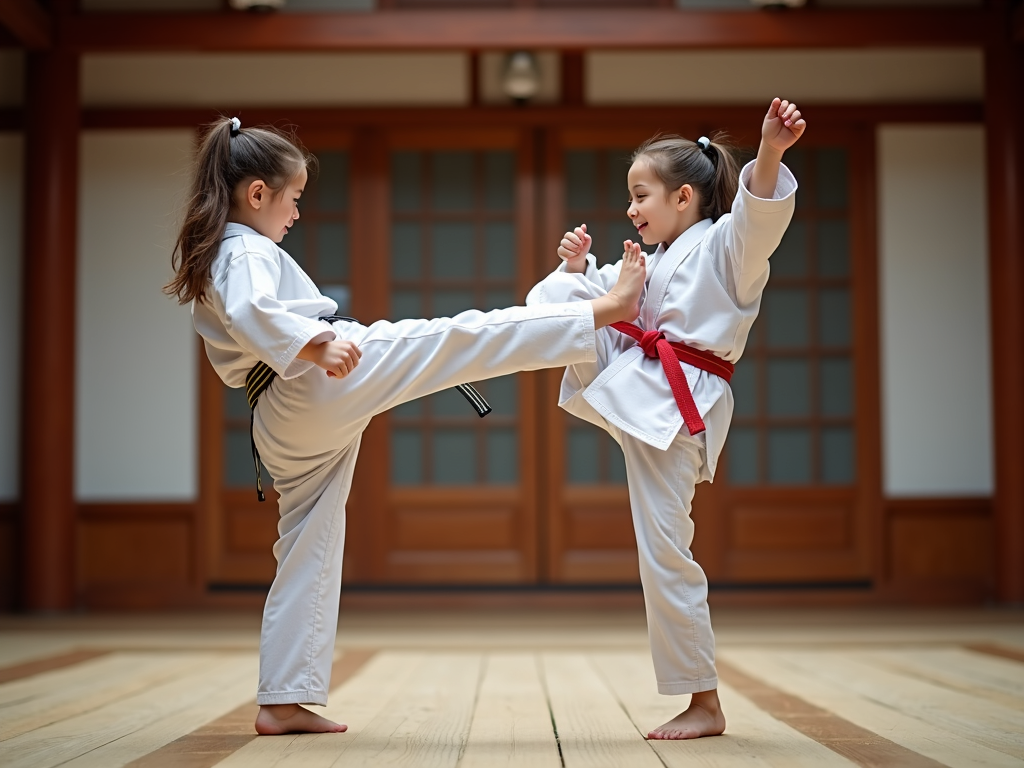 Genç kız karate dojo'sunda tekme atıyor.