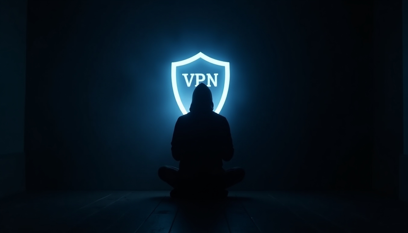 Karanlık bir odada hacker silueti, VPN korumasını temsil eden parlak kalkanı kırmaya çalışıyor.