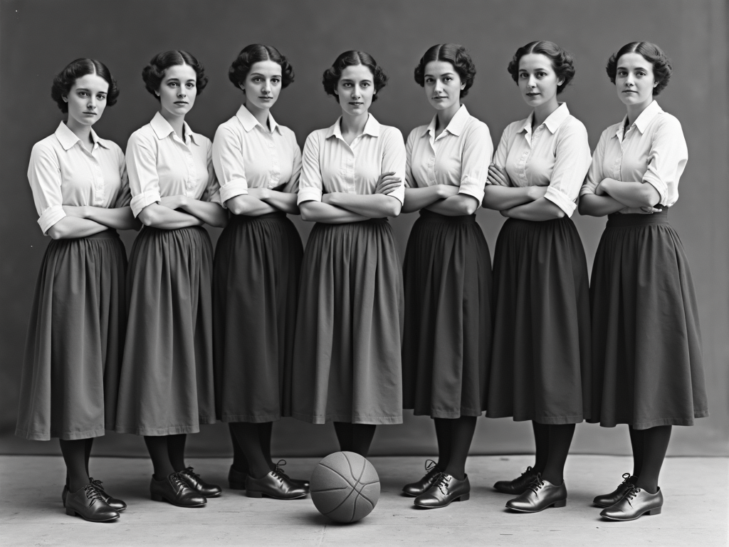 1920'lerdeki bir kadın basketbol takımının siyah-beyaz fotoğrafı