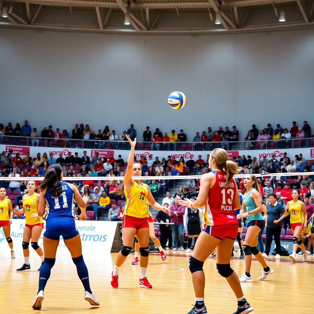 Çanakkale’de modern bir spor salonunda kadın voleybol maçını gösteren renkli bir sahne.