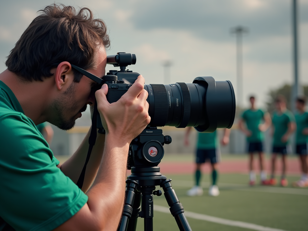 Telefoto lensli bir kameranın ayarlarını yapan bir fotoğrafçı, hızlı tempolu bir spor anını yakalamaya hazırlanırken, arka planda sporcular ısınıyor.