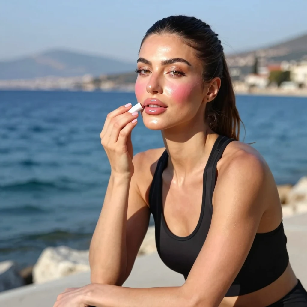 Spor sonrası doğal makyaj yapan genç kadın