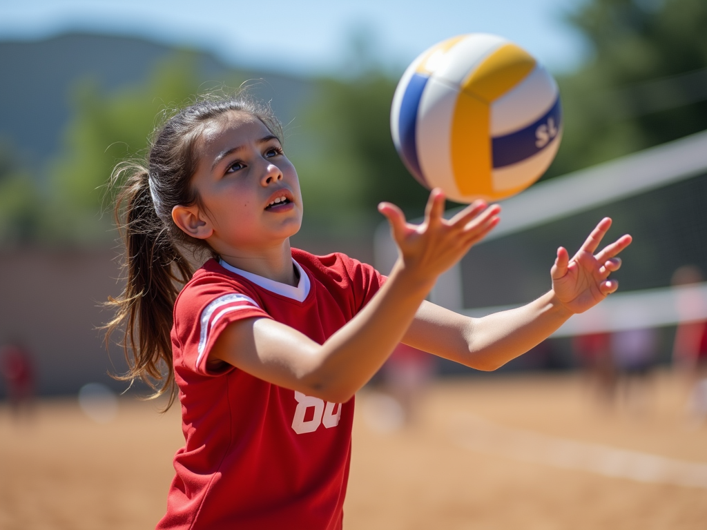 Çanakkale’den genç voleybolcu Zeynep, maç sırasında topa kendinden emin bir şekilde smaç vururken.