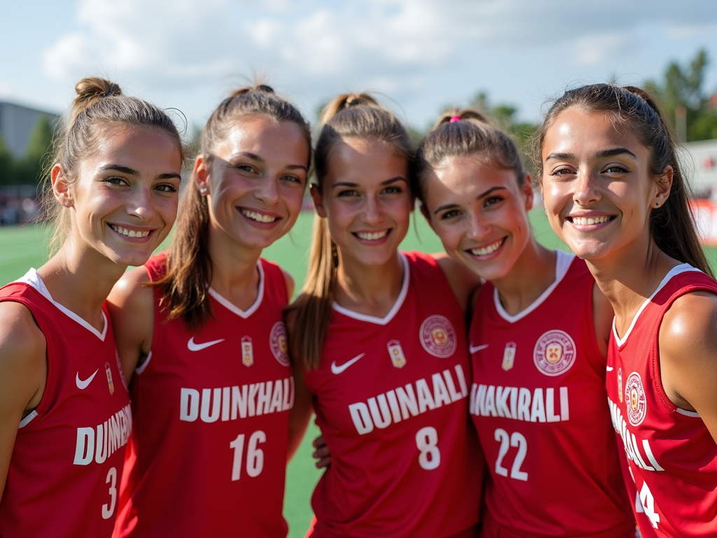 Çanakkale'den bir grup genç sporcu kız, spor üniformaları ve hafif makyajlarıyla, maç sonrası gülümseyerek poz veriyor.