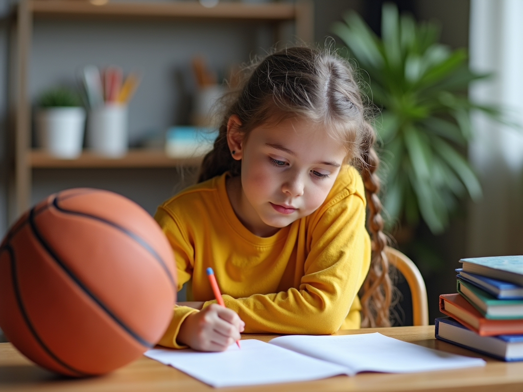 Okul çalışmaları ve sporu dengeleyen genç bir kız, basketbol topunun yanında ders çalışıyor.