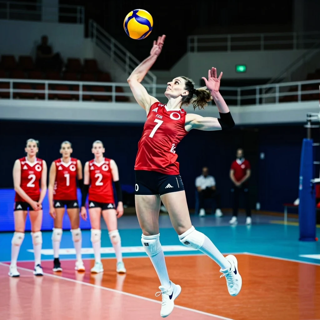 Güçlü bir pozda smaç vurmak için zıplayan Türk kadın voleybolcu portresi, kapalı salon kortu ve takım arka planda