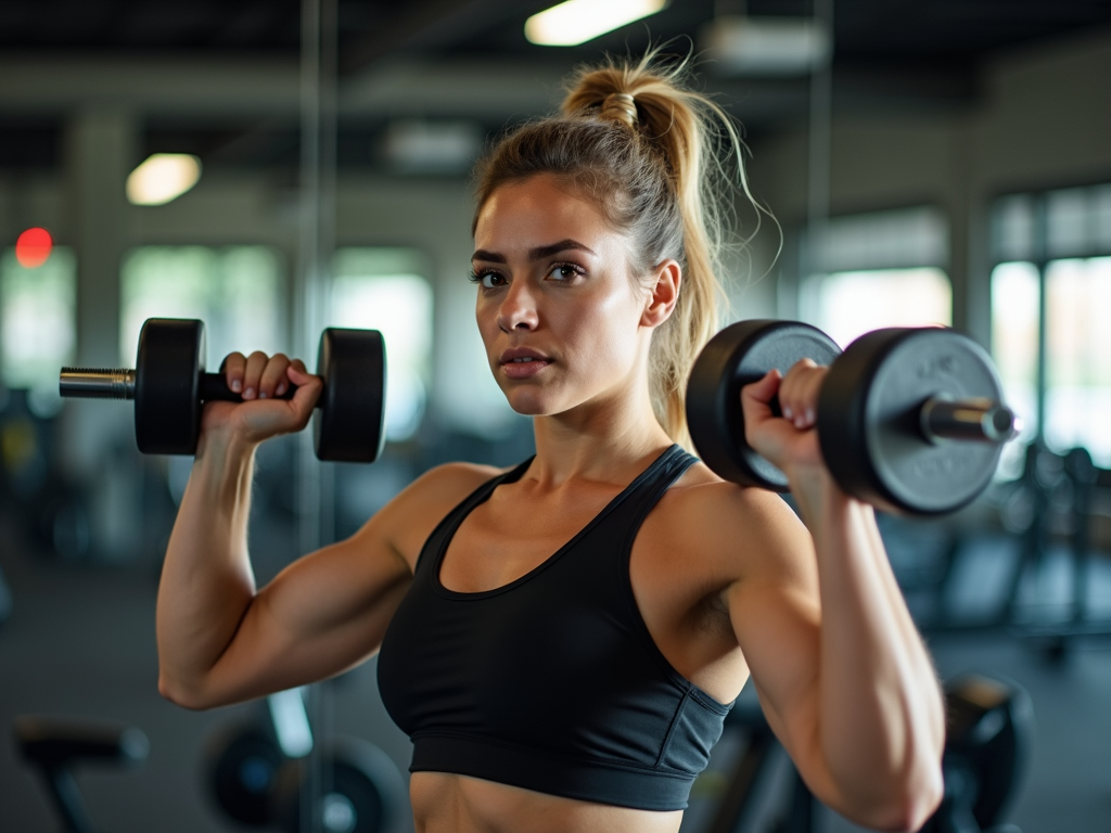 Spor salonunda ağırlık kaldıran genç kadın