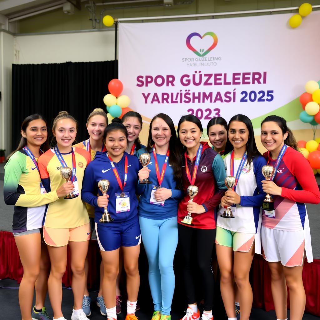 Genç kadın sporcular, Spor Güzelleri Yarışması ödül töreninde madalyalarıyla gülümseyerek poz veriyor.