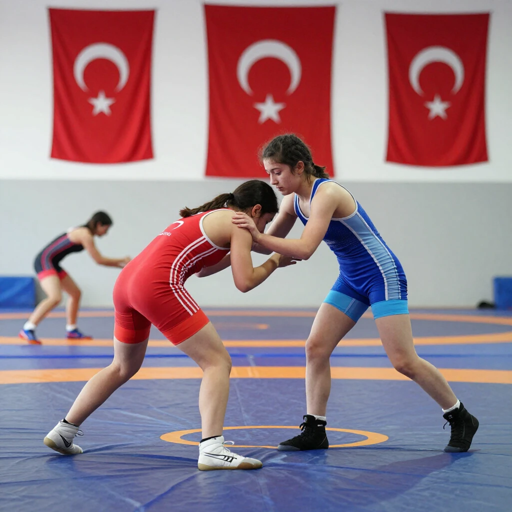 Spor salonunda antrenman yapan genç kız güreşçiler