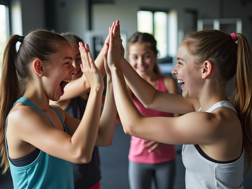 Spor salonunda genç kızlar, egzersiz sonrası birbirine çarpı beş yapıyor.