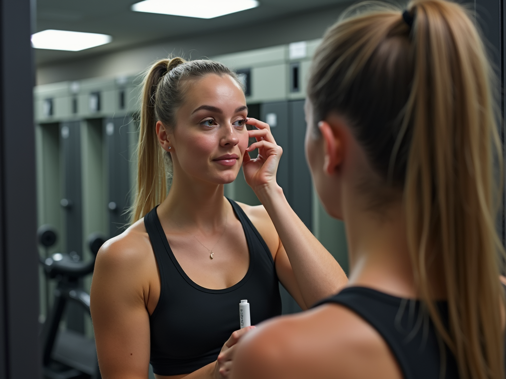 Spor salonunda makyaj yapan kadın sporcu.