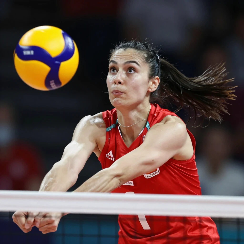 Güzel bir Türk kadın voleybolcu maç sırasında smaç vuruyor