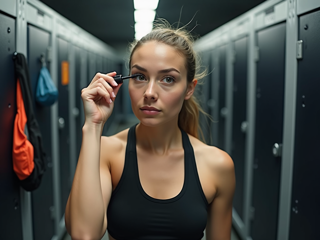 Sportif bir kız, spor salonu soyunma odasında suya dayanıklı maskara uyguluyor.