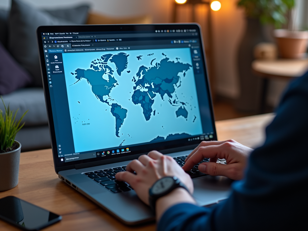 VPN arayüzü ile dizüstü bilgisayar kullanan bir kişi, farklı sunucu konumlarını gösteren bir harita ile.