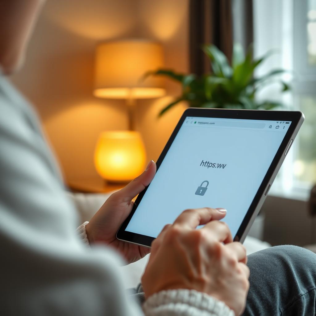 Güvenli bir web sitesinde gezinen kişi, tablet ekranında 'https://' ve kilit simgesi ile görülüyor.
