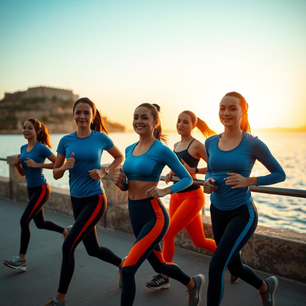 Çanakkale sahilinde gün doğumunda koşan bir grup genç kadın, renkli spor kıyafetleri ve doğal makyajlarıyla enerjik bir şekilde ilerliyor.