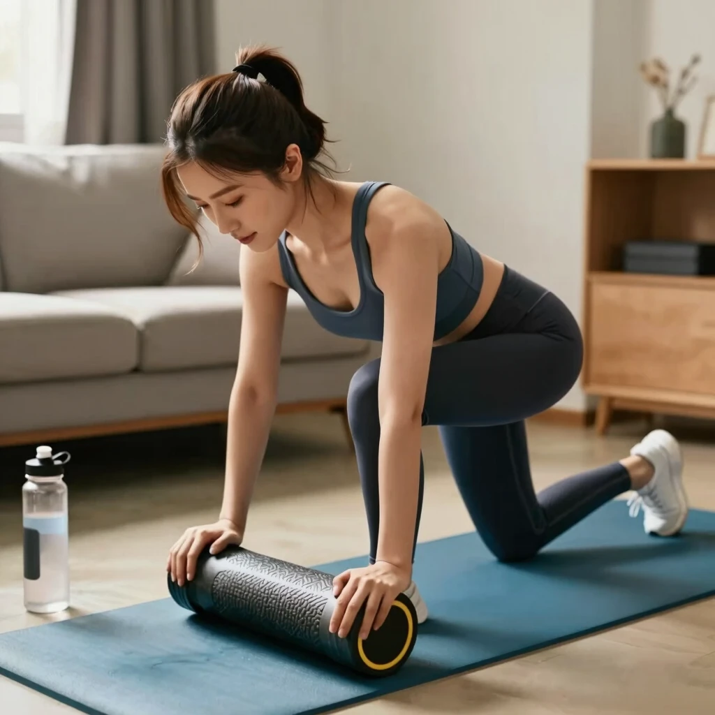 Kas ağrısını azaltmak için foam rolling yapan bir kadın